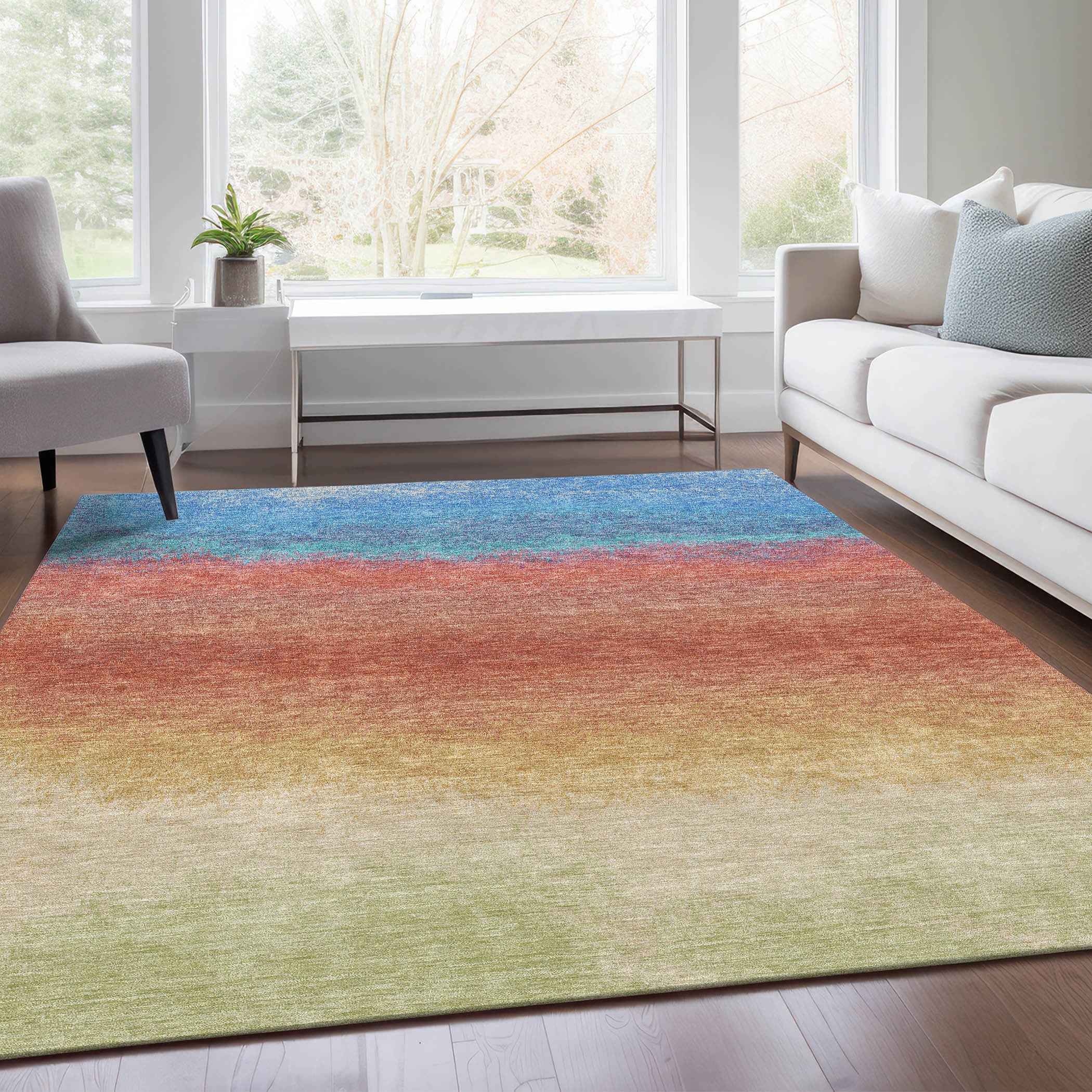 10' X 14' Coral And Blue Ombre Washable Indoor Outdoor Area Rug