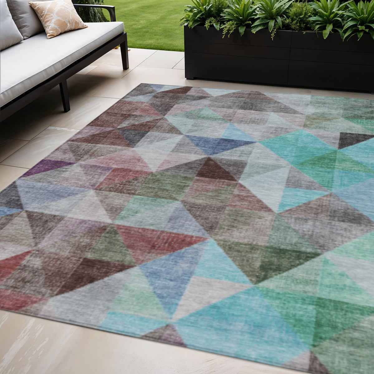 5' X 8' Silver Blue And Purple Geometric Washable Indoor Outdoor Area Rug