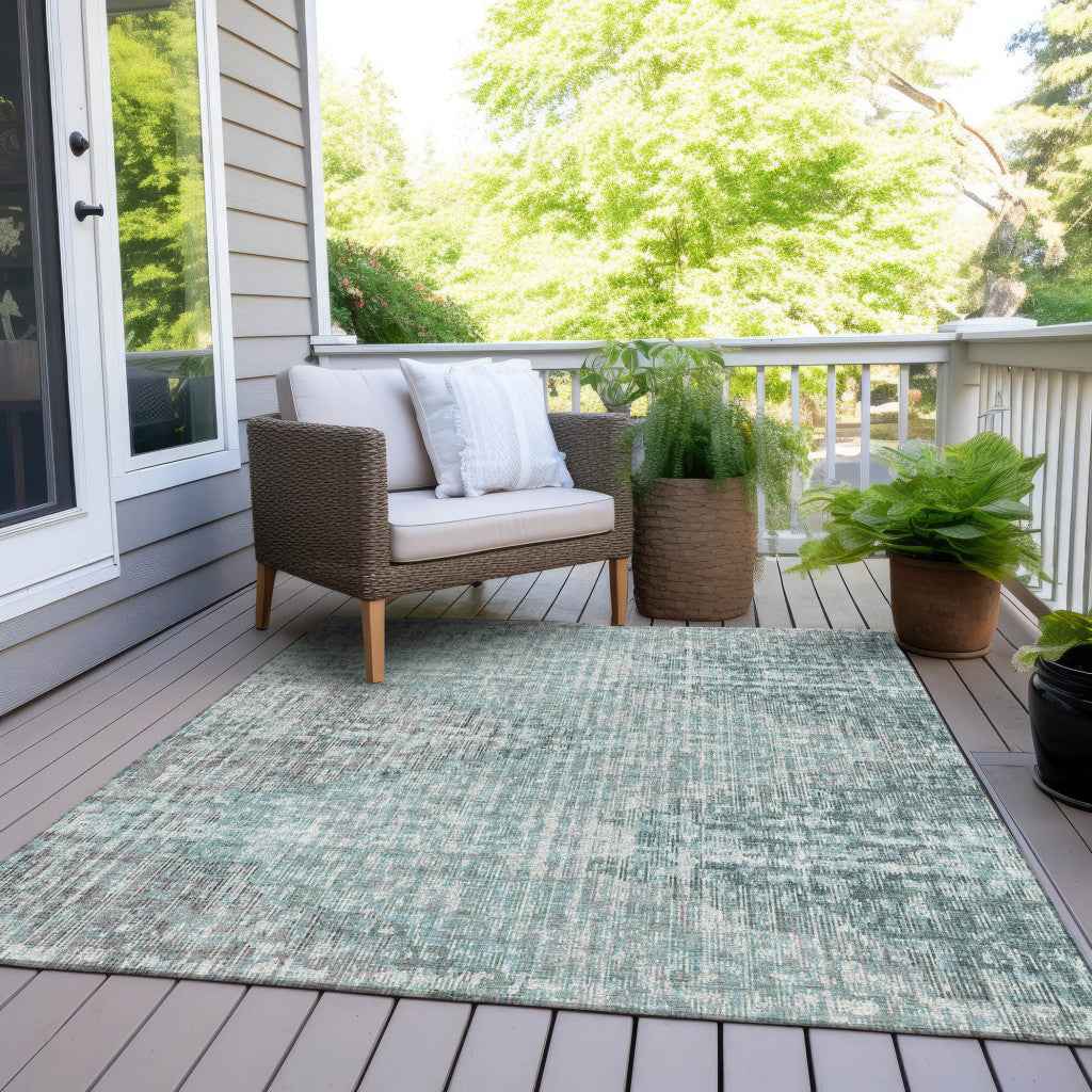 8' X 10' Teal Blue And Ivory Geometric Washable Indoor Outdoor Area Rug