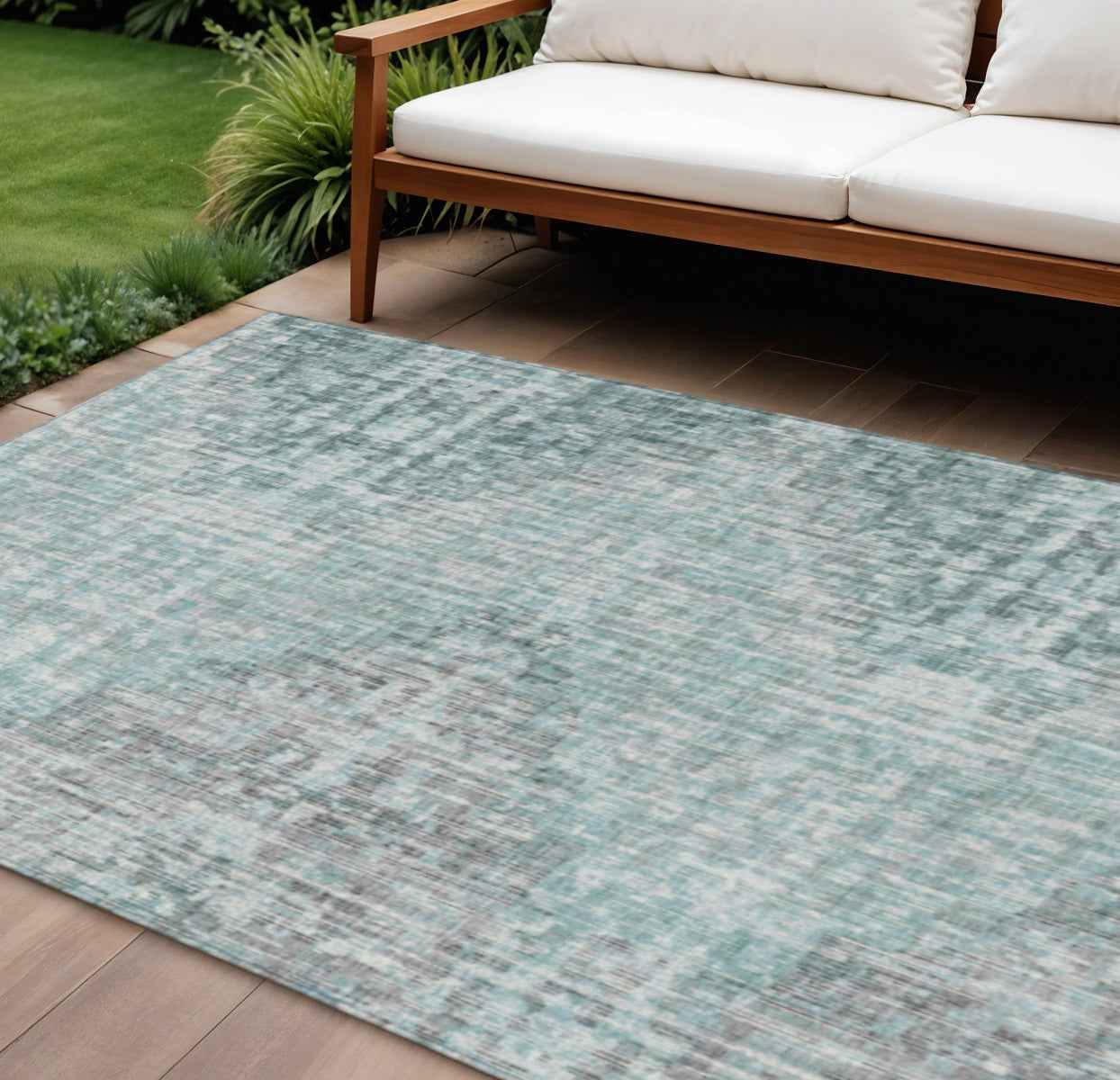 8' X 10' Teal Blue And Ivory Geometric Washable Indoor Outdoor Area Rug