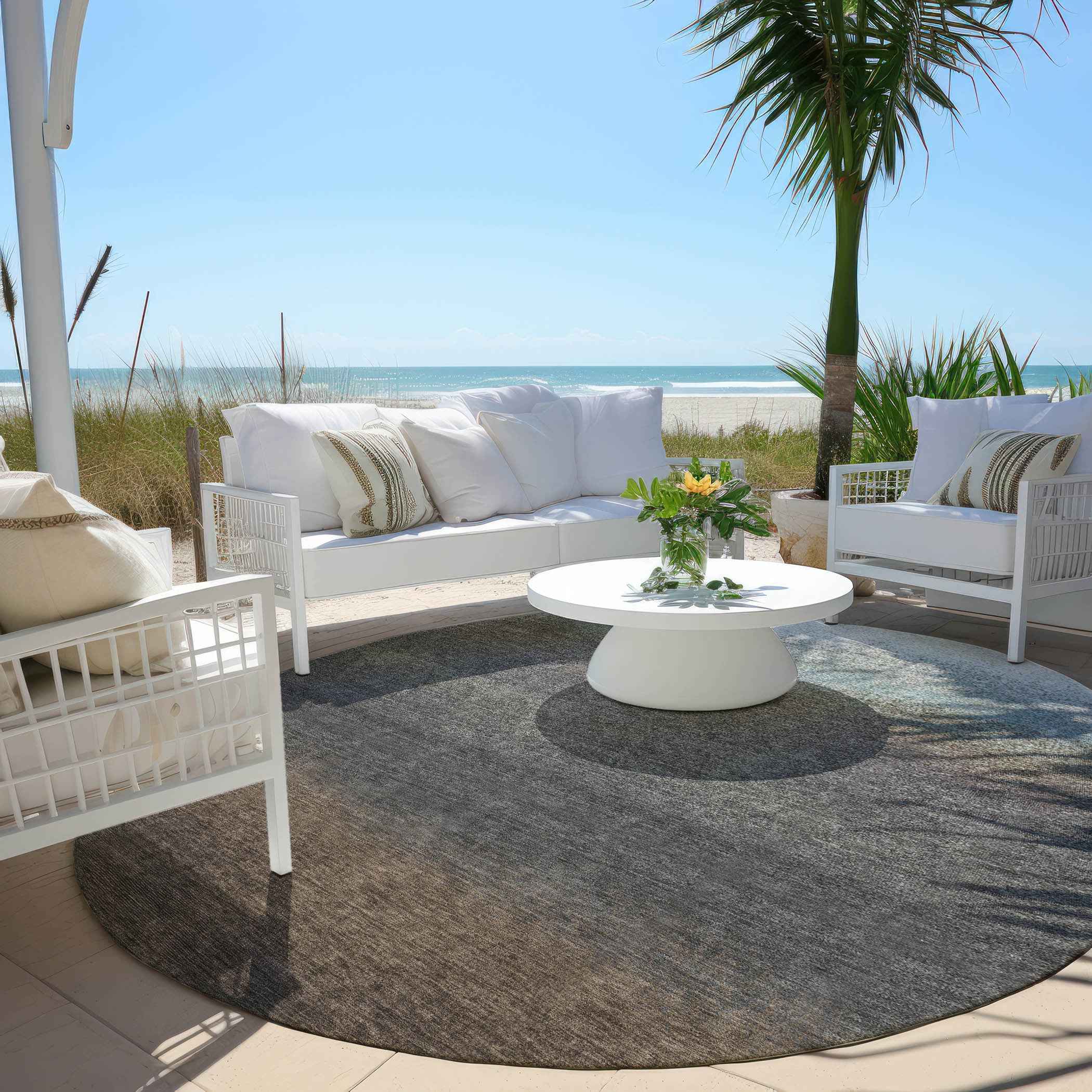 8' Brown And Beige Round Ombre Washable Indoor Outdoor Area Rug