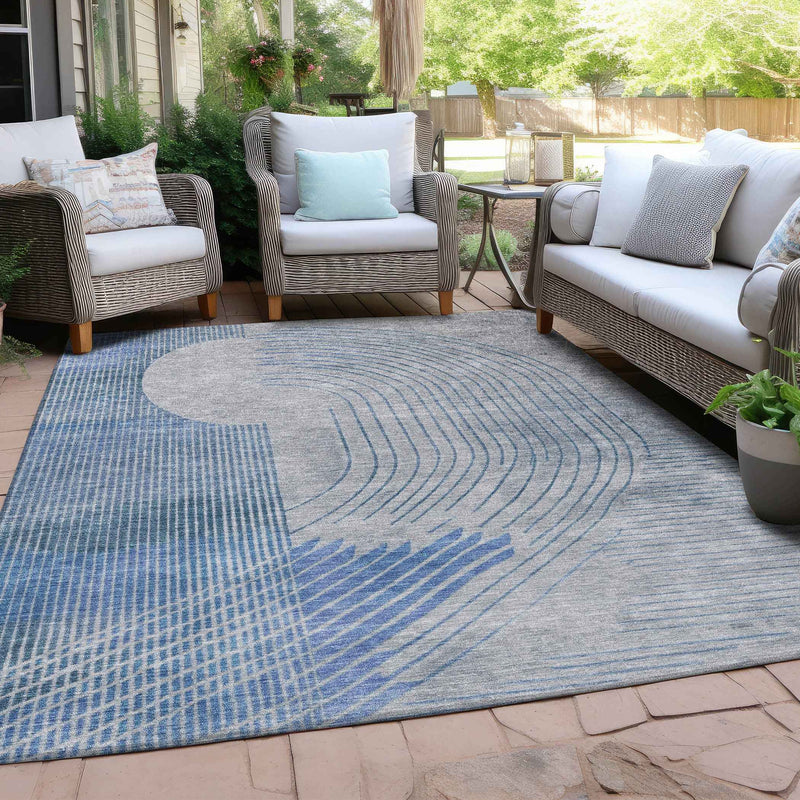 9' X 12' Blue And Gray Geometric Washable Indoor Outdoor Area Rug