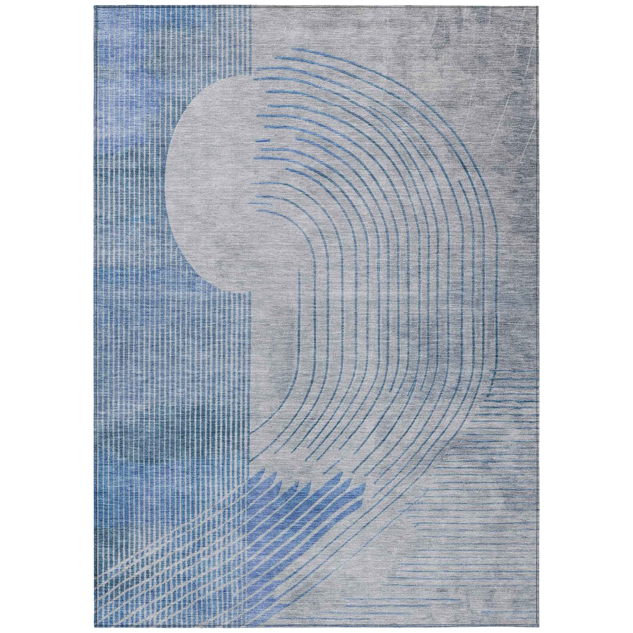 9' X 12' Blue And Gray Geometric Washable Indoor Outdoor Area Rug