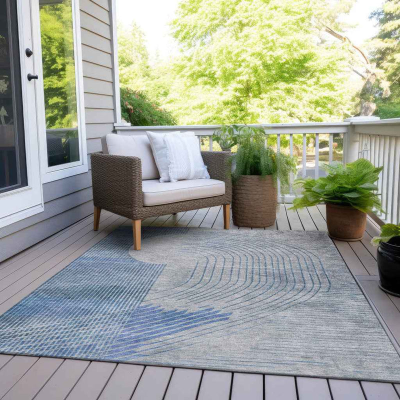 9' X 12' Blue And Gray Geometric Washable Indoor Outdoor Area Rug