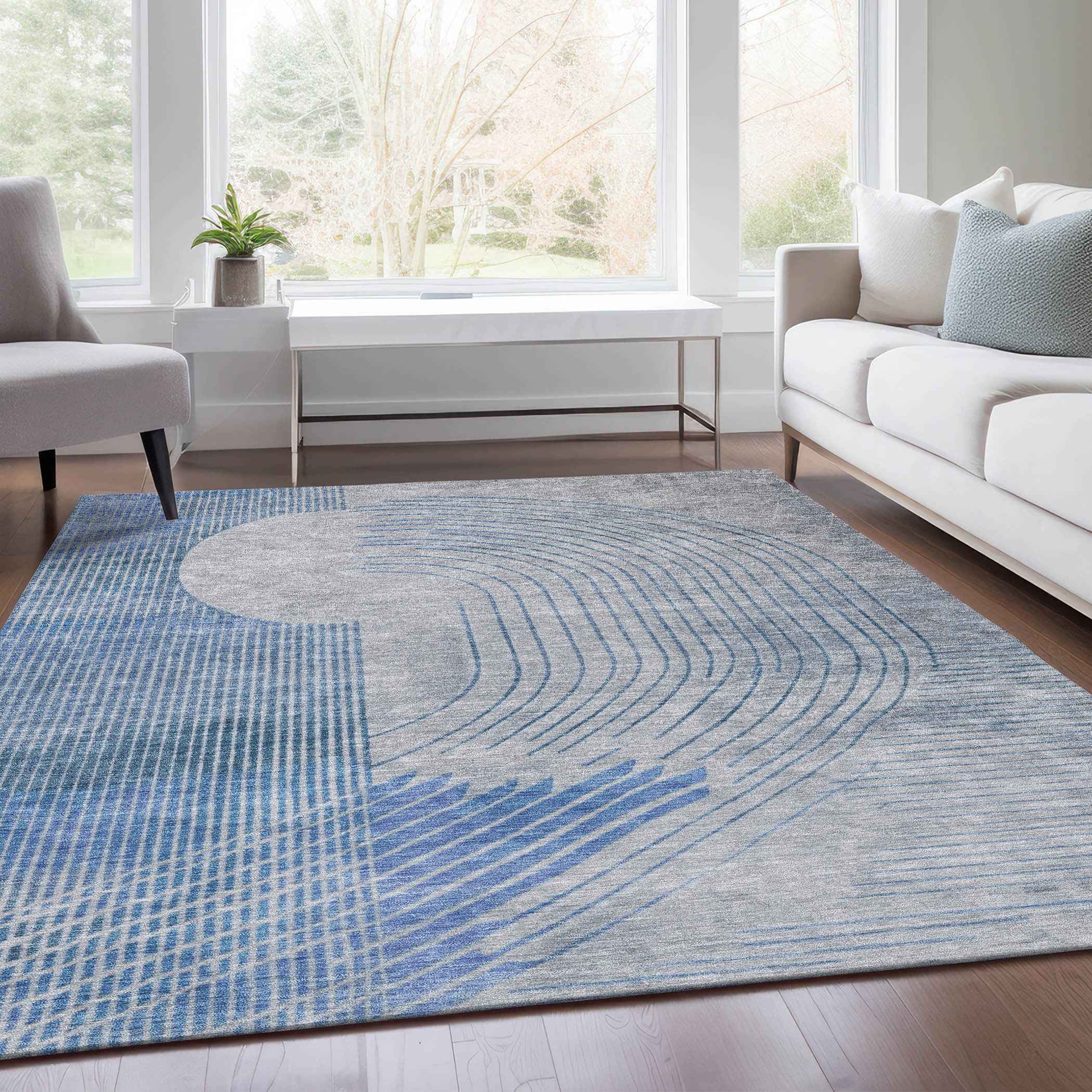 9' X 12' Blue And Gray Geometric Washable Indoor Outdoor Area Rug