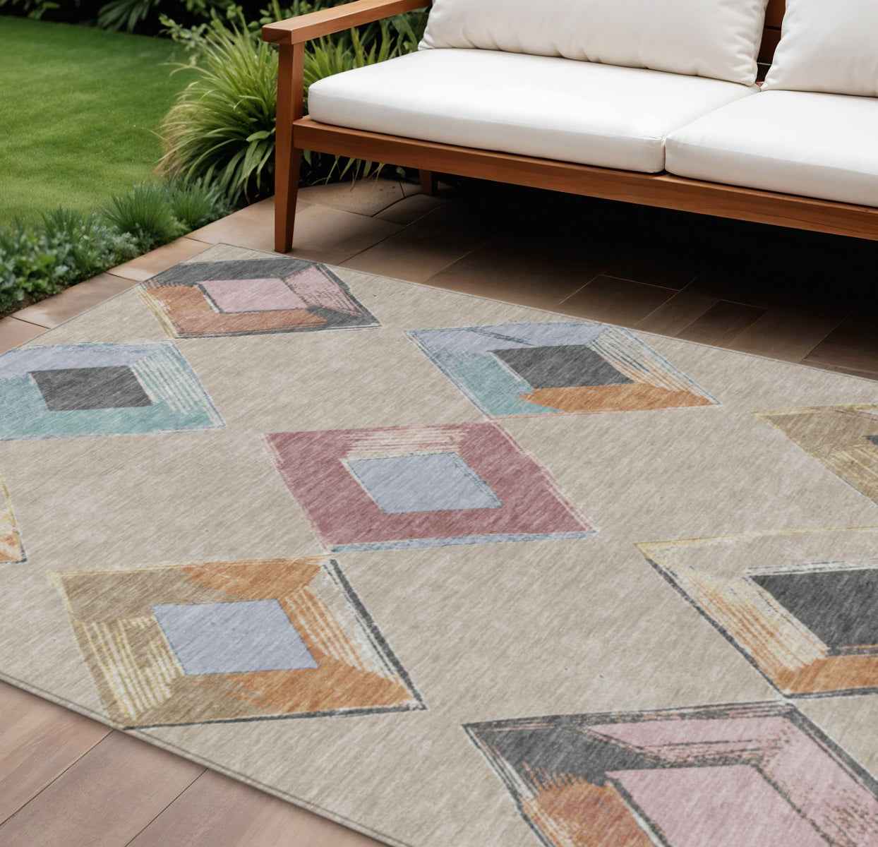 8' X 10' Beige Mauve And Charcoal Geometric Washable Indoor Outdoor Area Rug