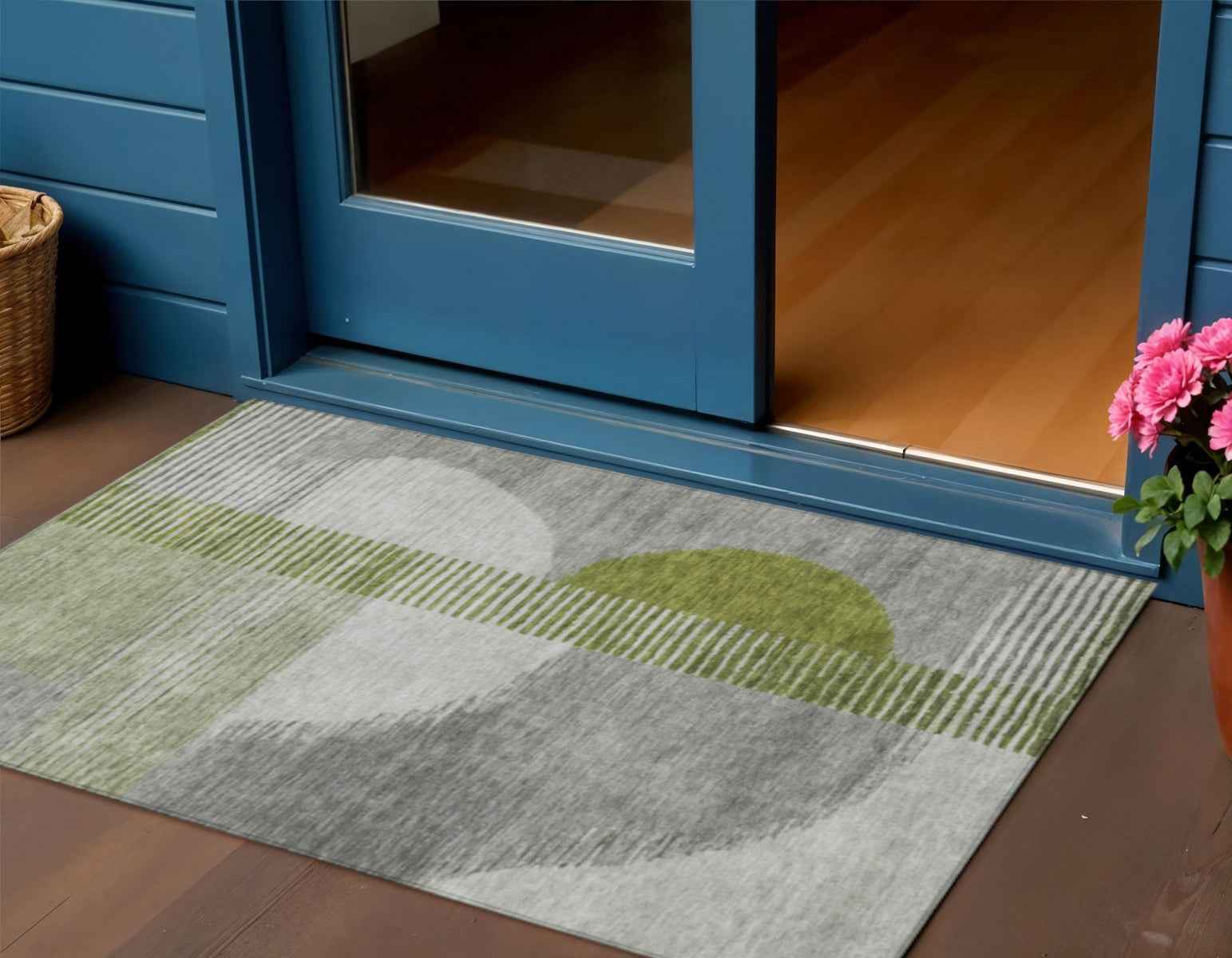 3' X 5' Olive Green And Gray Geometric Washable Indoor Outdoor Area Rug
