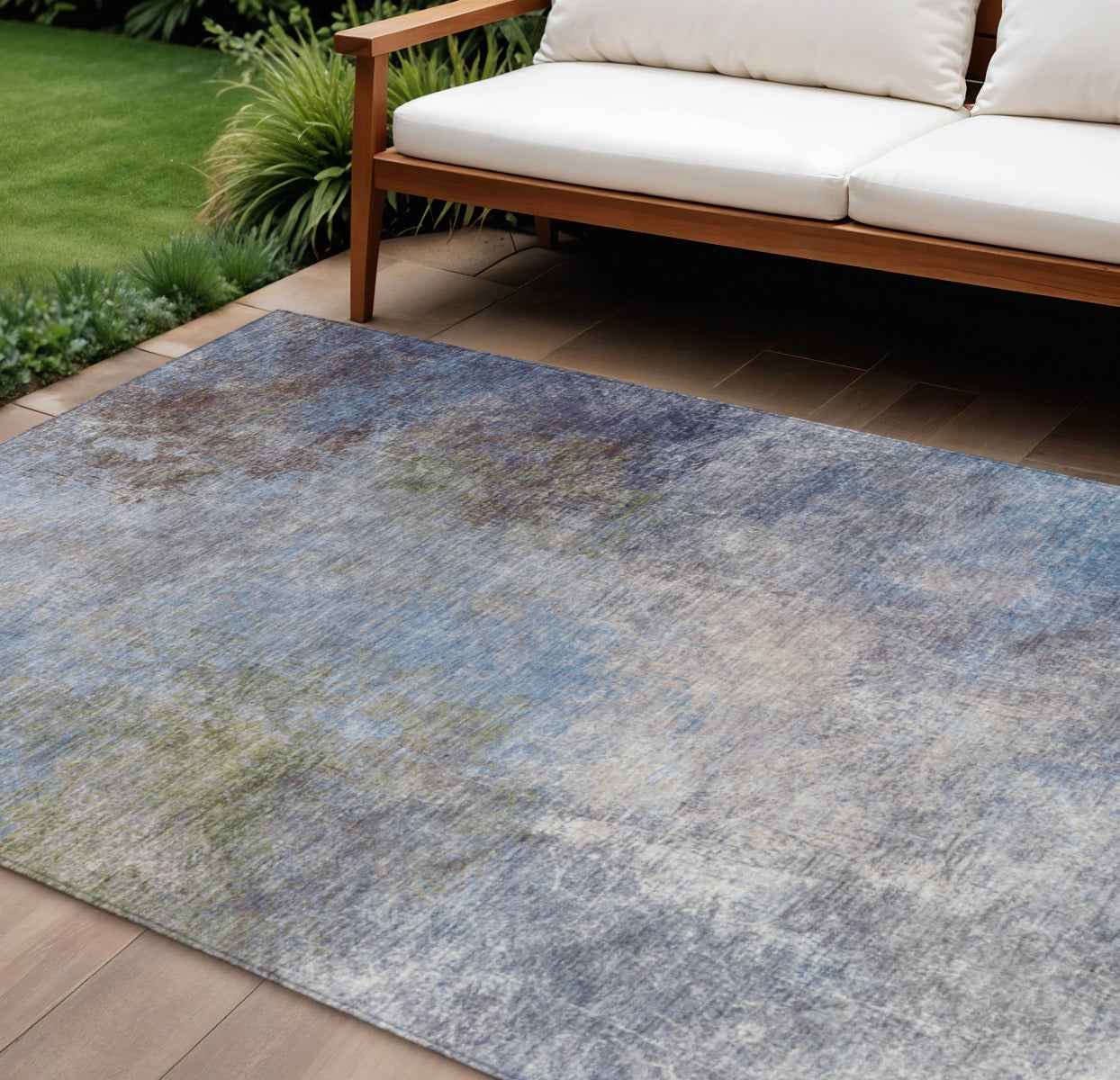 8' X 10' Denim Blue And Ivory Abstract Washable Indoor Outdoor Area Rug