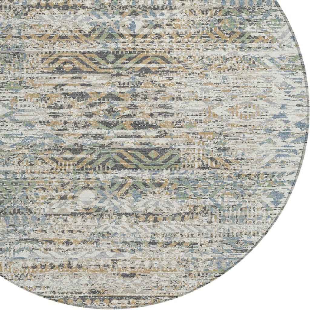8' Ivory And Beige Round Moroccan Washable Indoor Outdoor Area Rug
