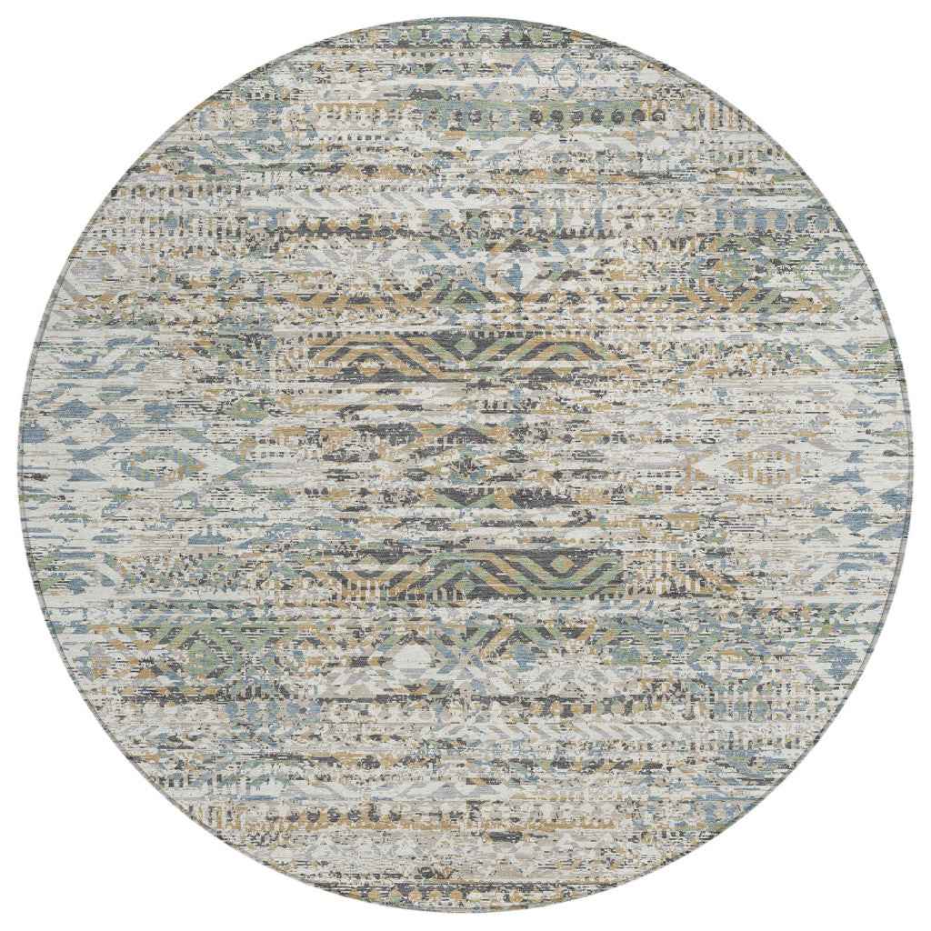 8' Ivory And Beige Round Moroccan Washable Indoor Outdoor Area Rug
