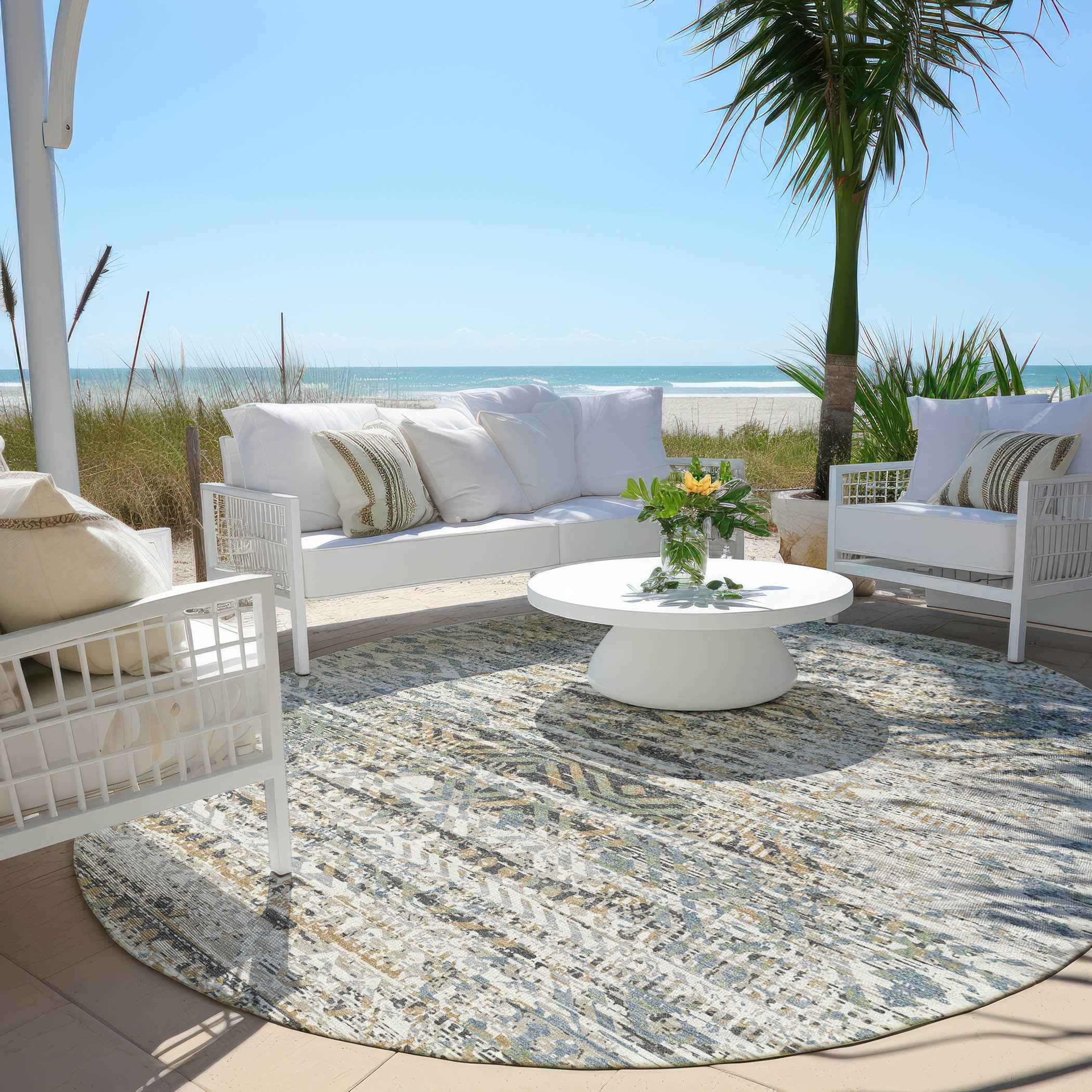 8' Ivory And Beige Round Moroccan Washable Indoor Outdoor Area Rug