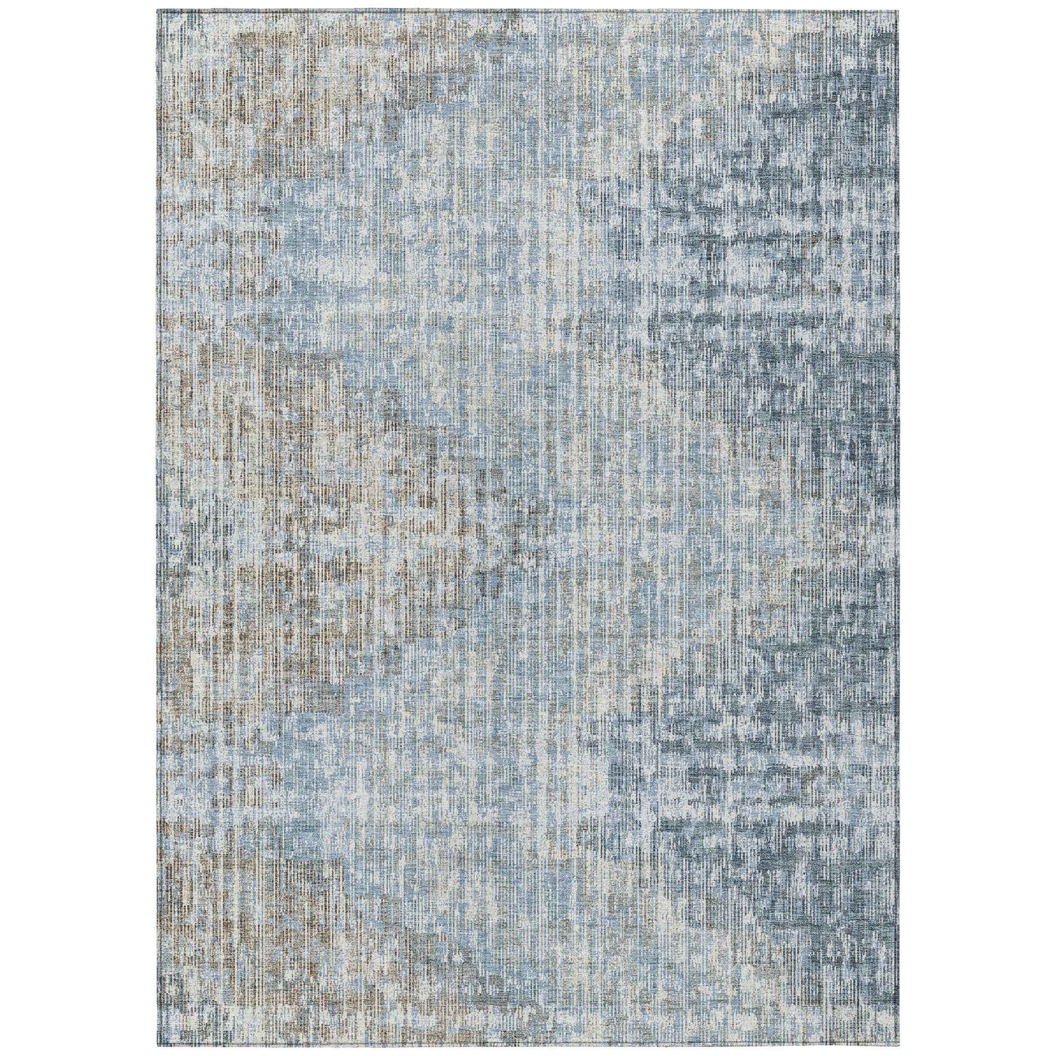 9' X 12' Denim Blue And Beige Geometric Washable Indoor Outdoor Area Rug