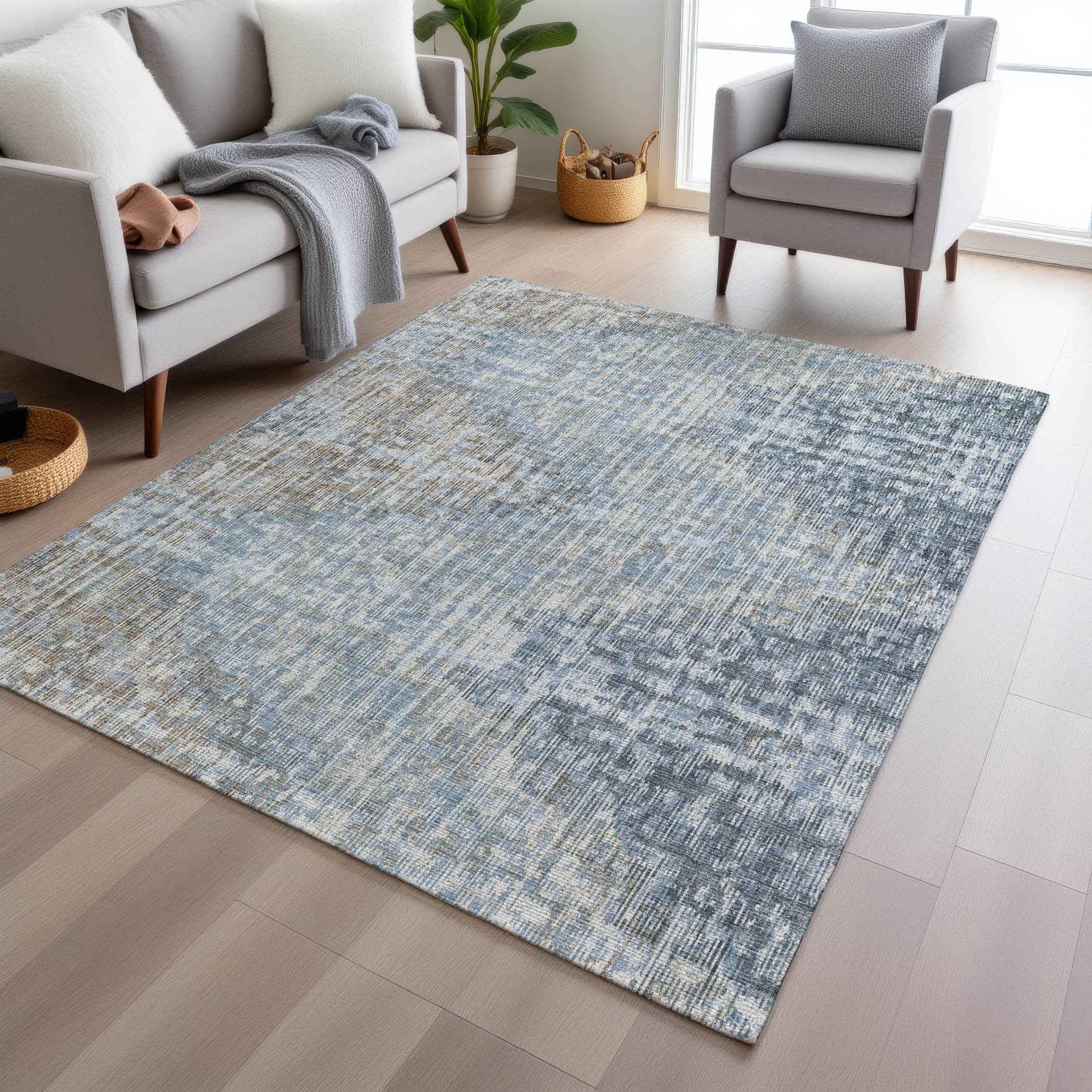 9' X 12' Denim Blue And Beige Geometric Washable Indoor Outdoor Area Rug
