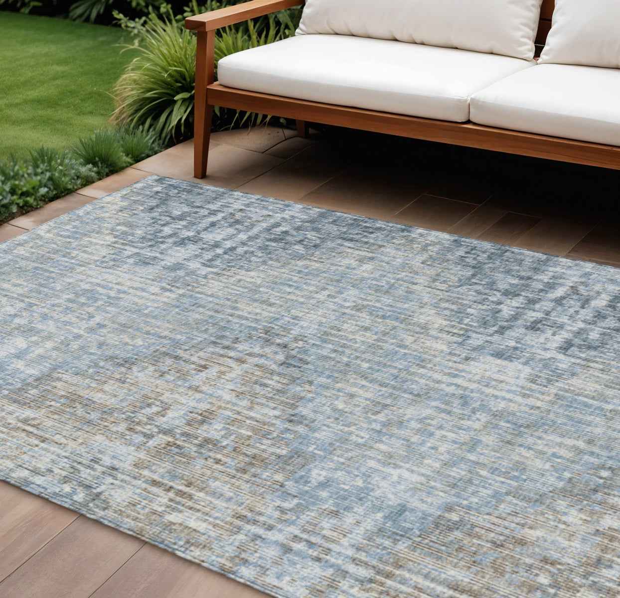 9' X 12' Denim Blue And Beige Geometric Washable Indoor Outdoor Area Rug