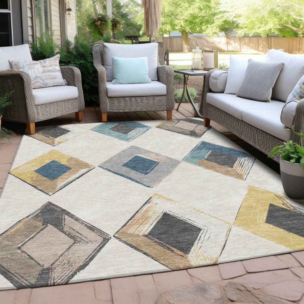 8' X 10' Ivory Gold And Gray Geometric Washable Indoor Outdoor Area Rug