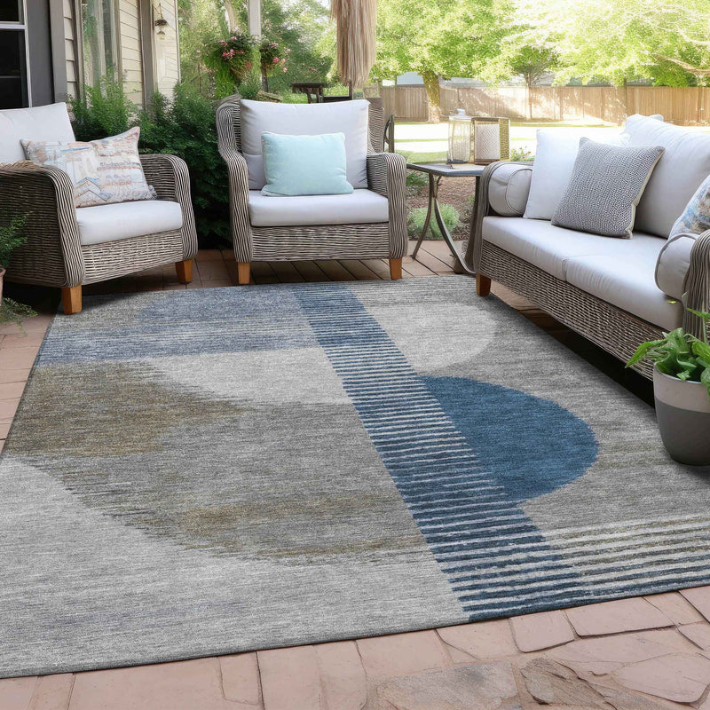 10' X 14' Denim Blue And Ivory Geometric Washable Indoor Outdoor Area Rug