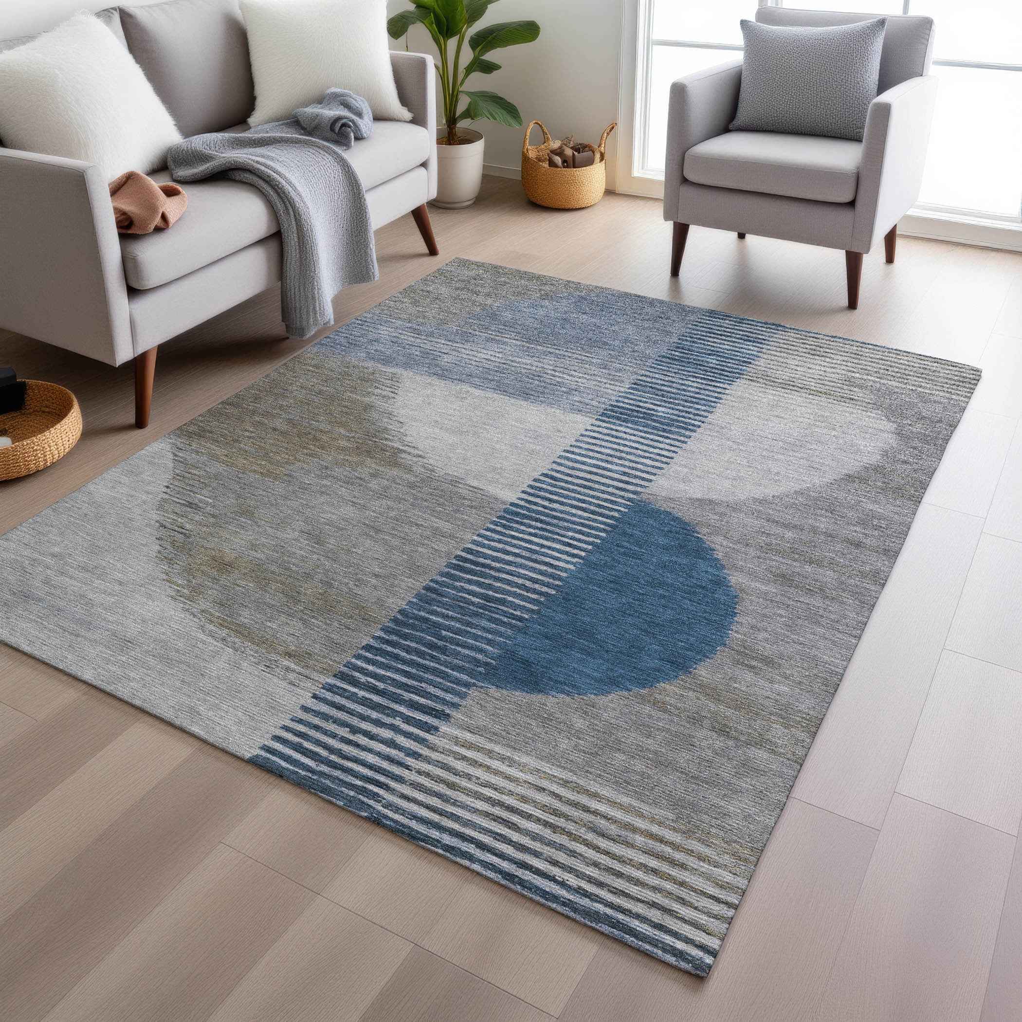 10' X 14' Denim Blue And Ivory Geometric Washable Indoor Outdoor Area Rug