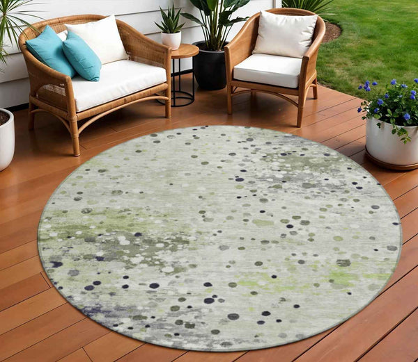 8' Artichoke Green And Purple Round Abstract Washable Indoor Outdoor Area Rug