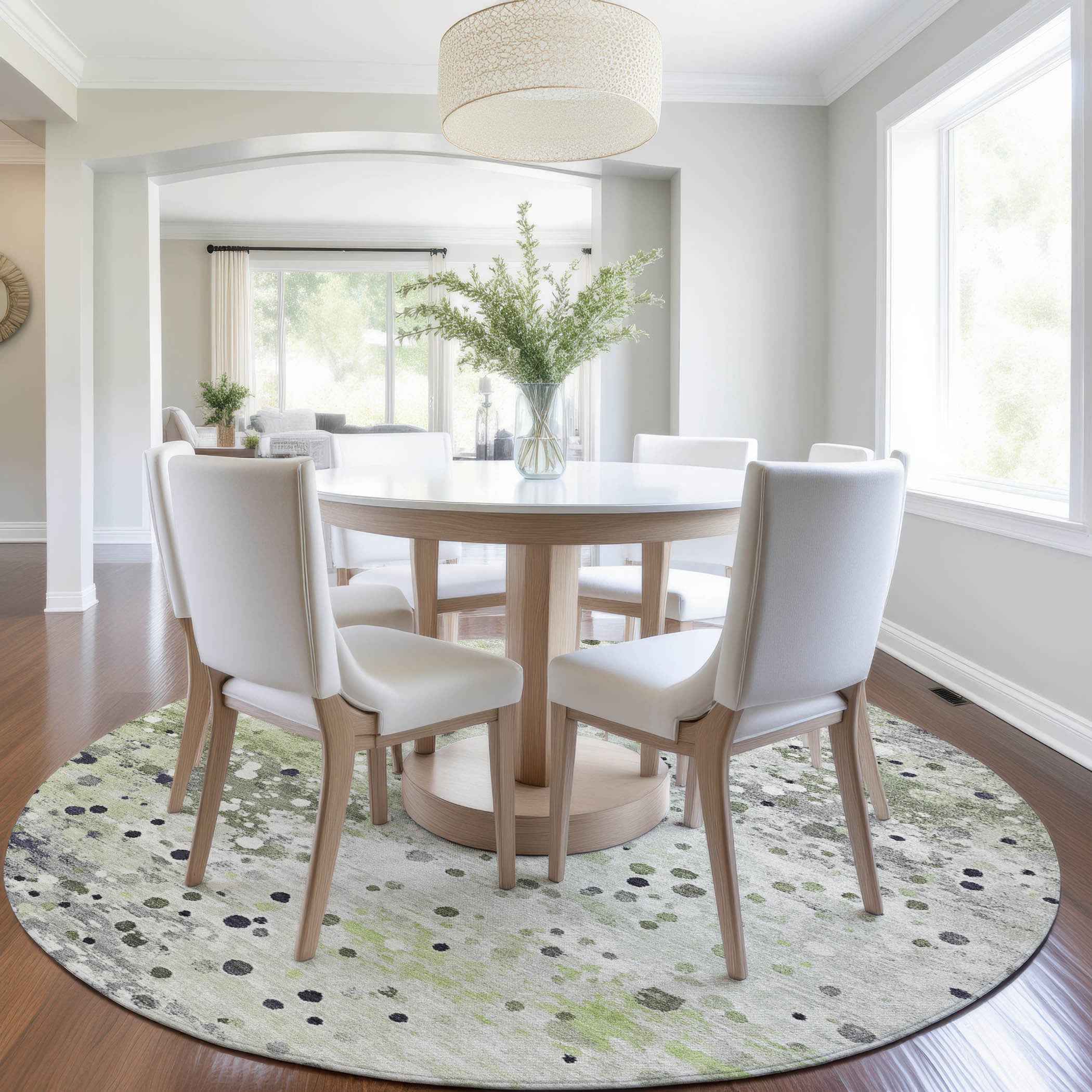 8' Artichoke Green And Purple Round Abstract Washable Indoor Outdoor Area Rug