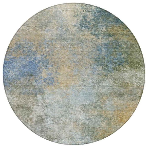 8' Khaki And Navy Blue Round Abstract Washable Indoor Outdoor Area Rug
