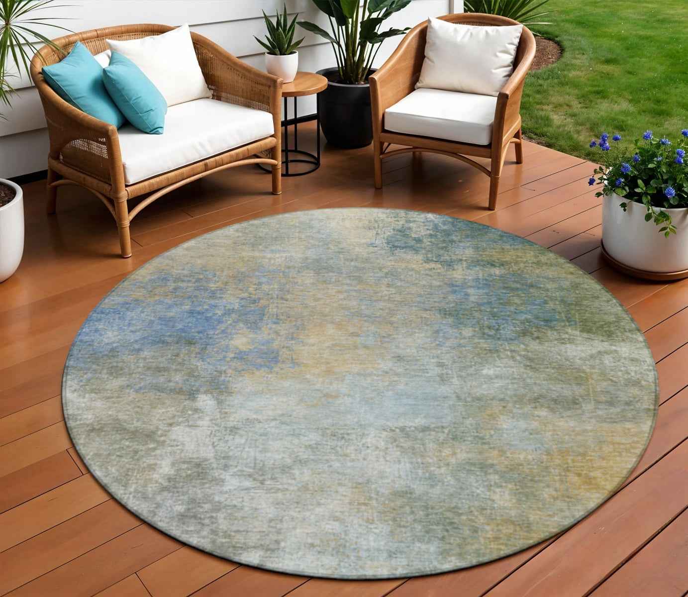 8' Khaki And Navy Blue Round Abstract Washable Indoor Outdoor Area Rug