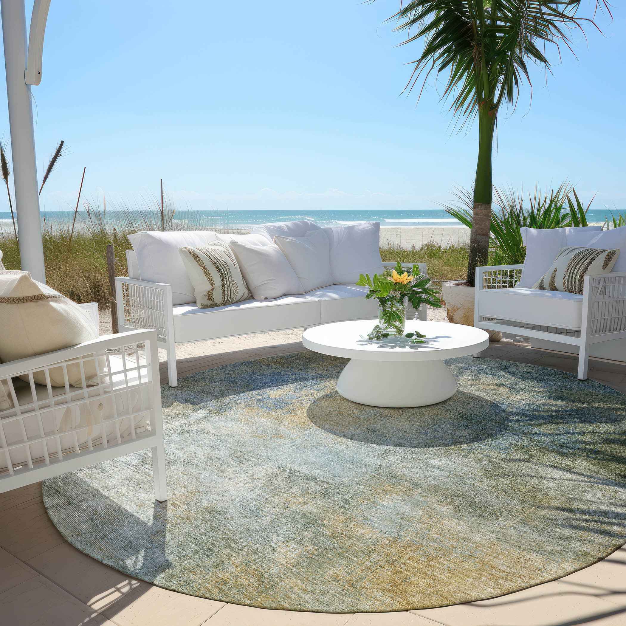 8' Khaki And Navy Blue Round Abstract Washable Indoor Outdoor Area Rug