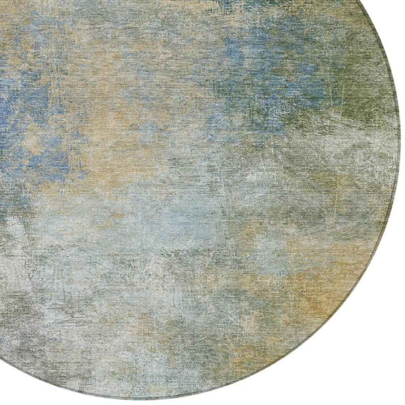 8' Khaki And Navy Blue Round Abstract Washable Indoor Outdoor Area Rug