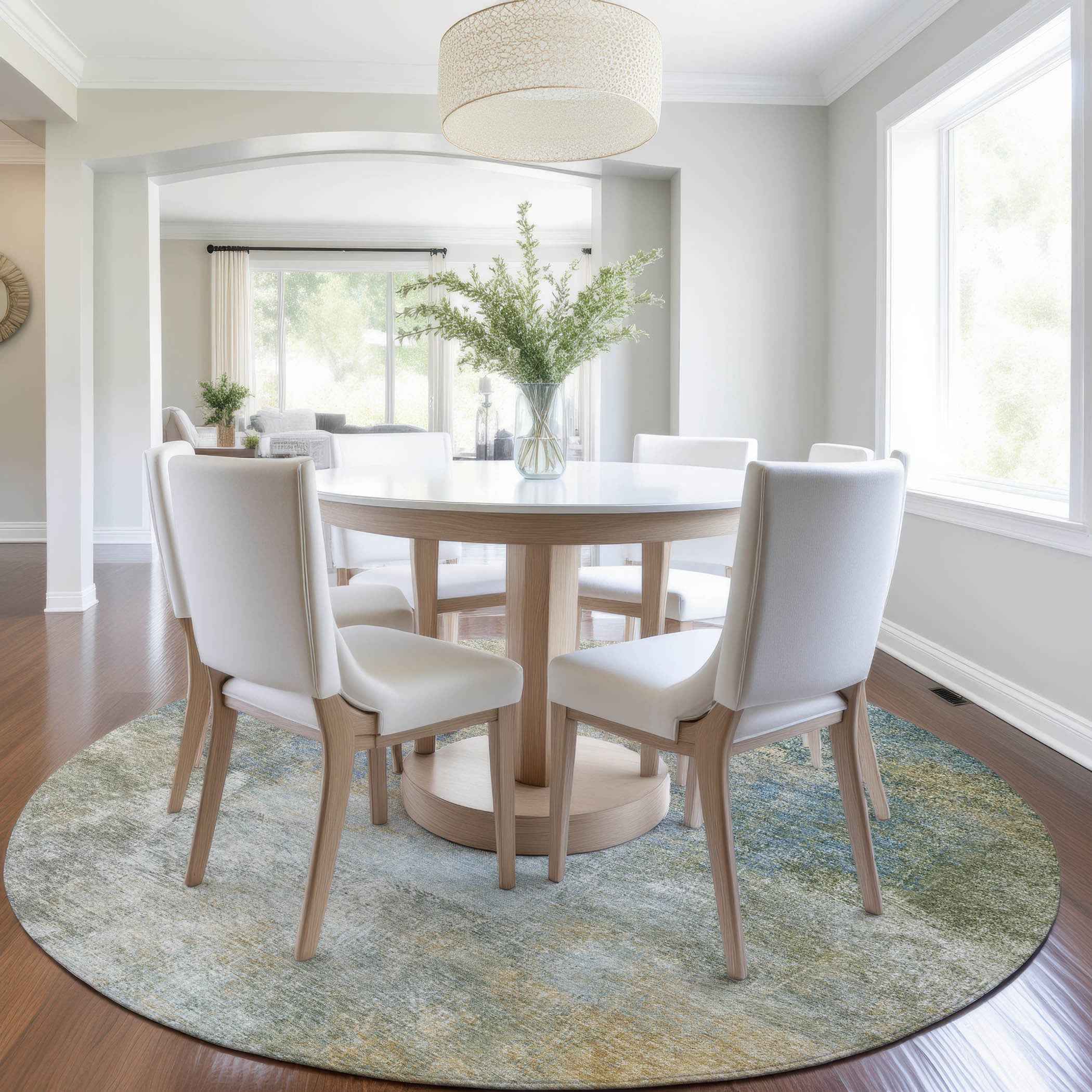 8' Khaki And Navy Blue Round Abstract Washable Indoor Outdoor Area Rug