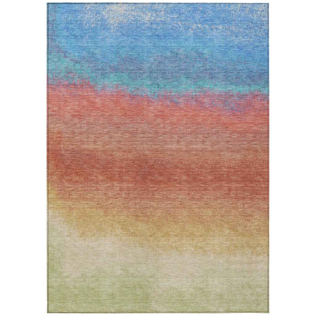 5' X 8' Coral And Blue Ombre Washable Indoor Outdoor Area Rug
