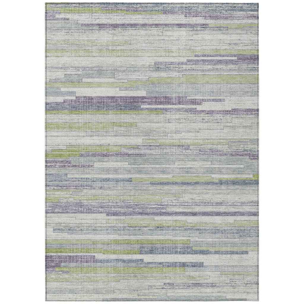 3' X 5' Artichoke Green And Plum Striped Washable Indoor Outdoor Area Rug