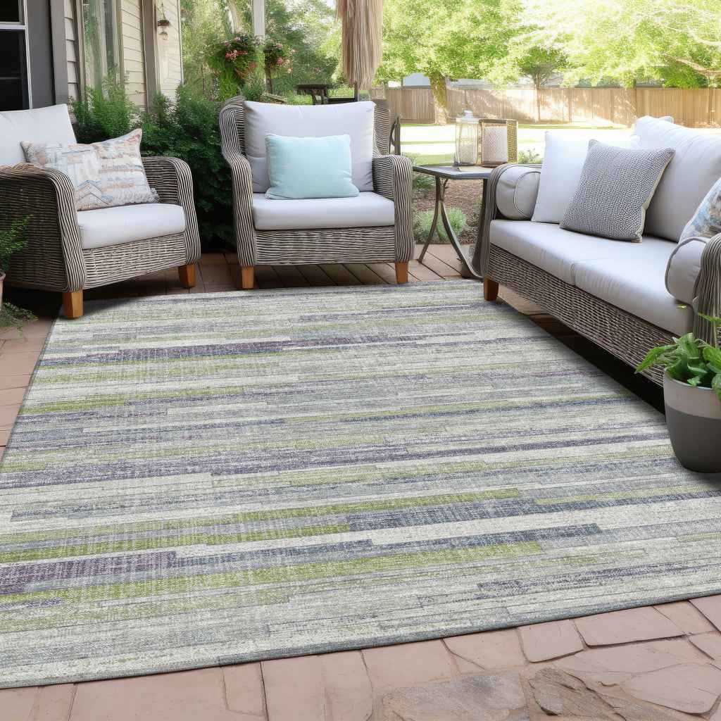 3' X 5' Artichoke Green And Plum Striped Washable Indoor Outdoor Area Rug