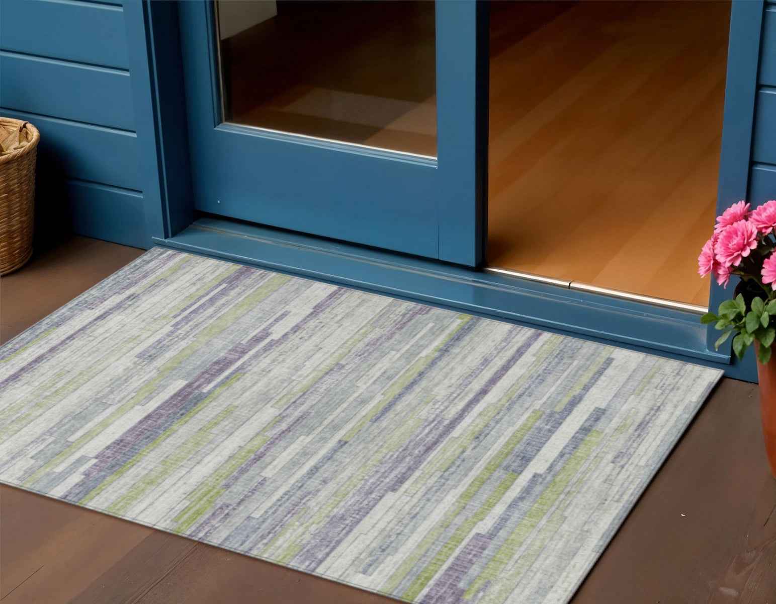 3' X 5' Artichoke Green And Plum Striped Washable Indoor Outdoor Area Rug