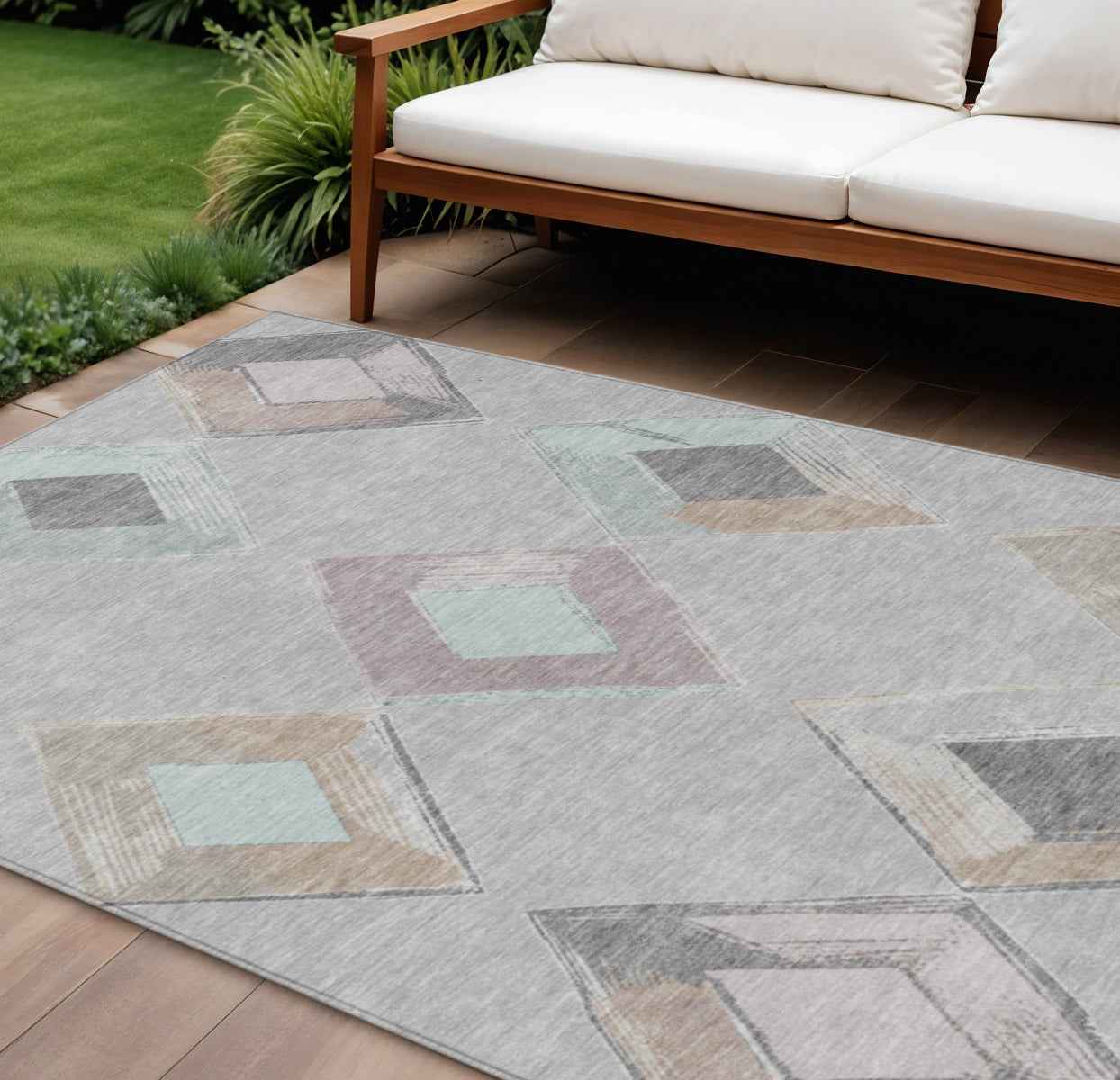 10' X 14' Gray Beige And Taupe Geometric Washable Indoor Outdoor Area Rug