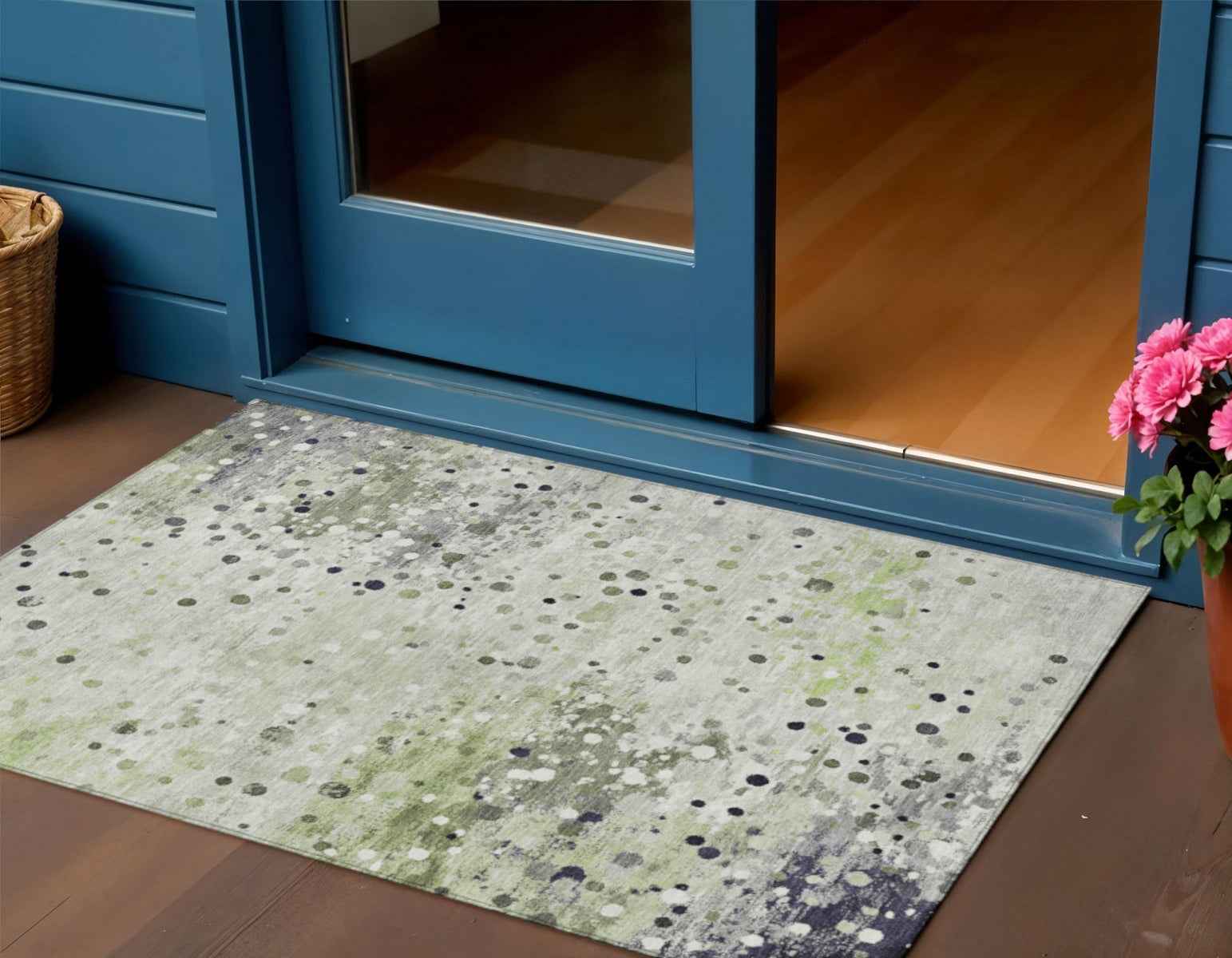 3' X 5' Artichoke Green And Purple Abstract Washable Indoor Outdoor Area Rug