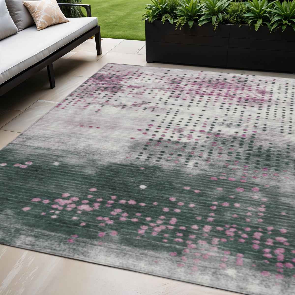 5' X 8' Blush And Emerald Geometric Washable Indoor Outdoor Area Rug