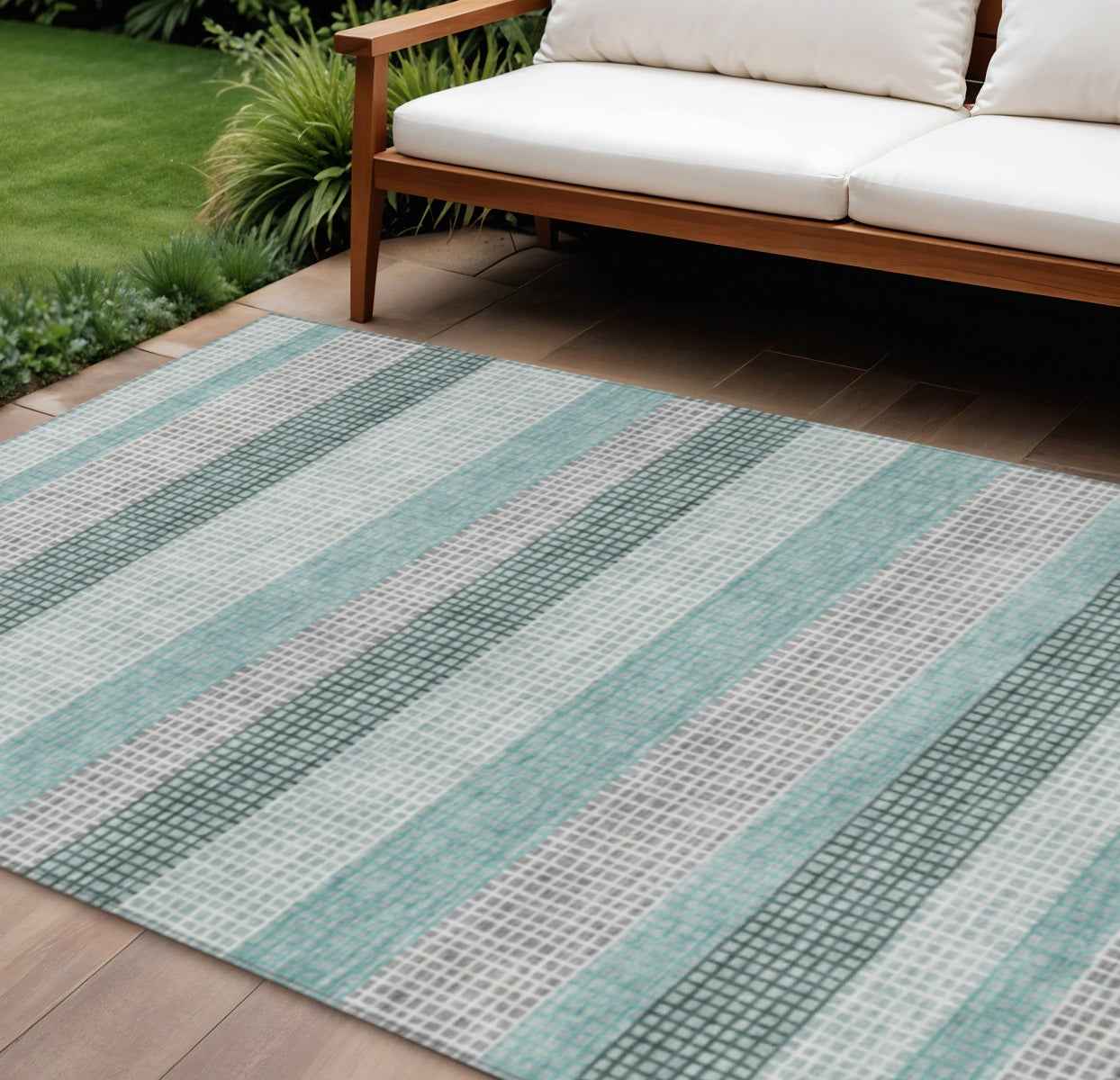 9' X 12' Teal Blue And Ivory Striped Washable Indoor Outdoor Area Rug