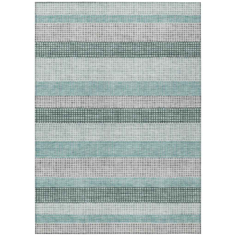 9' X 12' Teal Blue And Ivory Striped Washable Indoor Outdoor Area Rug