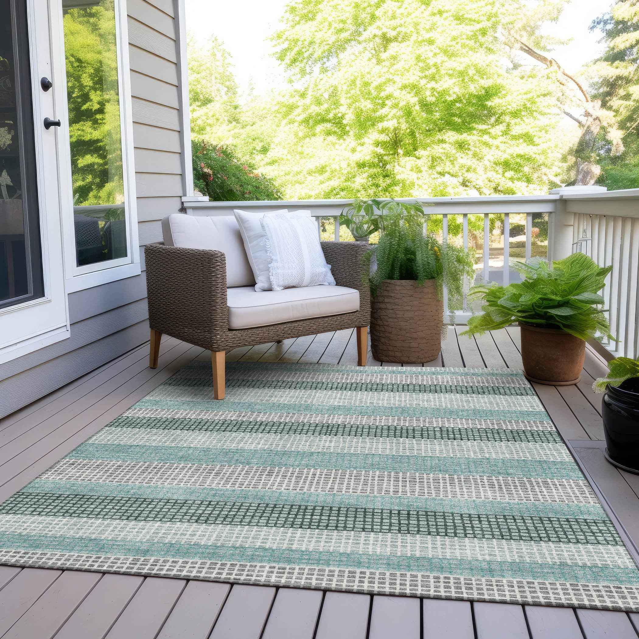 9' X 12' Teal Blue And Ivory Striped Washable Indoor Outdoor Area Rug