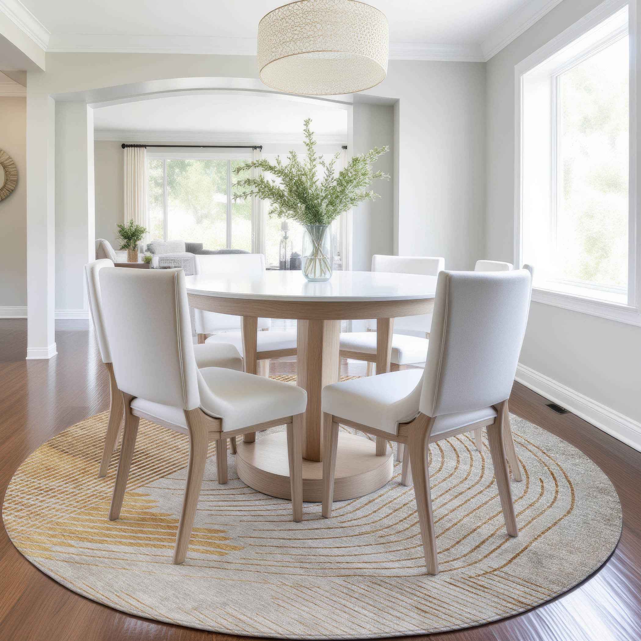 8' Gold And Ivory Round Geometric Washable Indoor Outdoor Area Rug