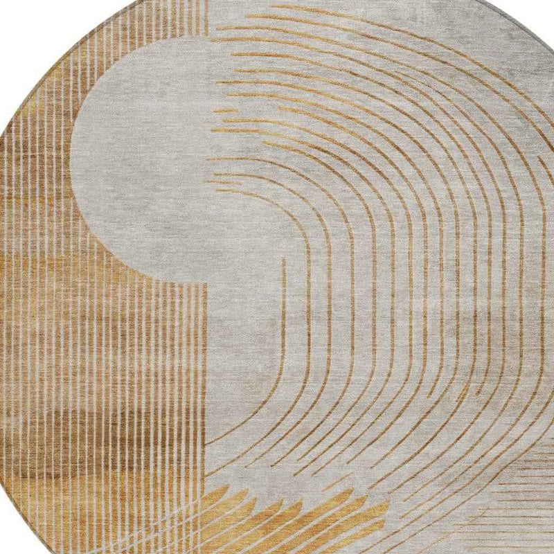 8' Gold And Ivory Round Geometric Washable Indoor Outdoor Area Rug