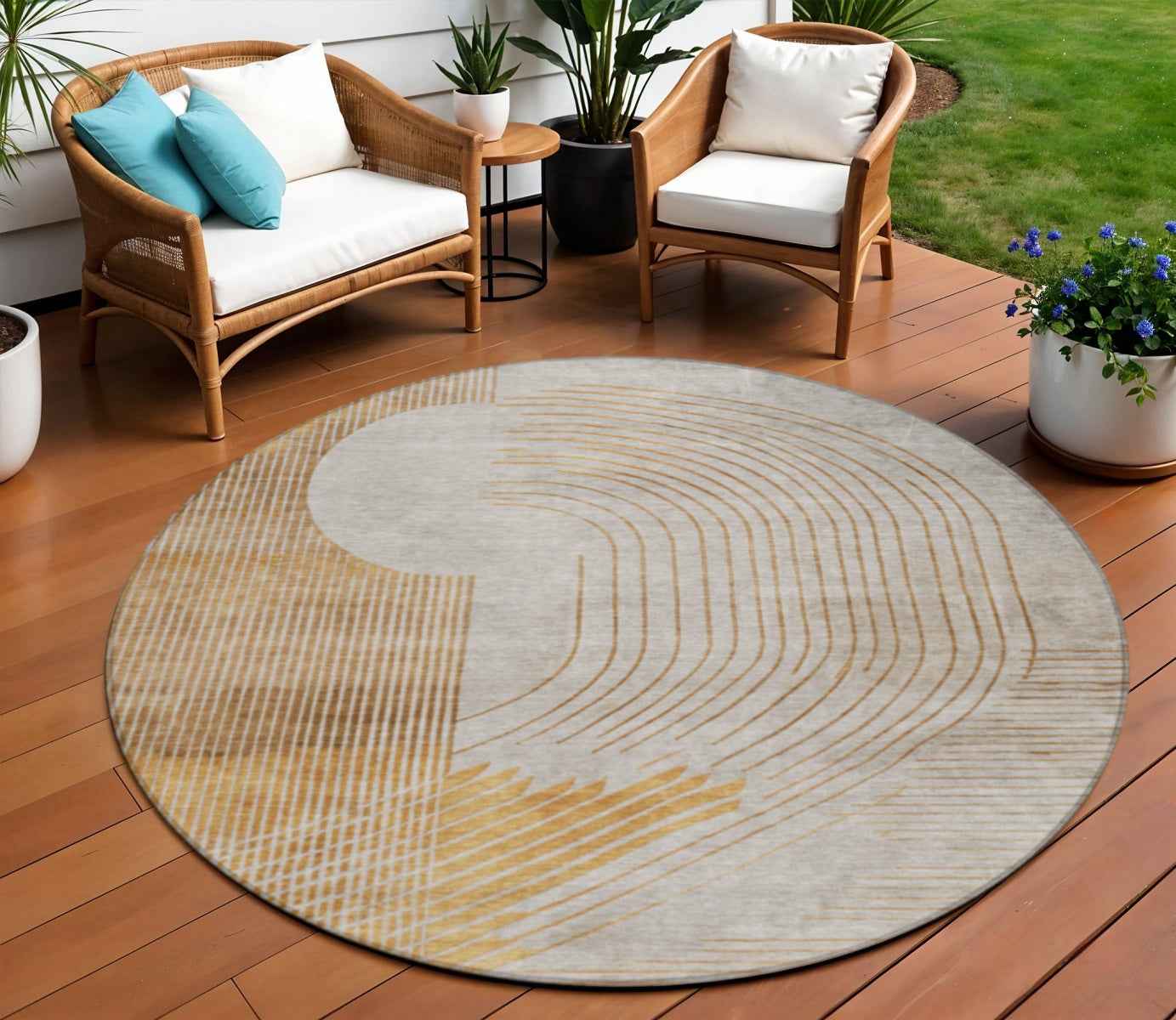 8' Gold And Ivory Round Geometric Washable Indoor Outdoor Area Rug