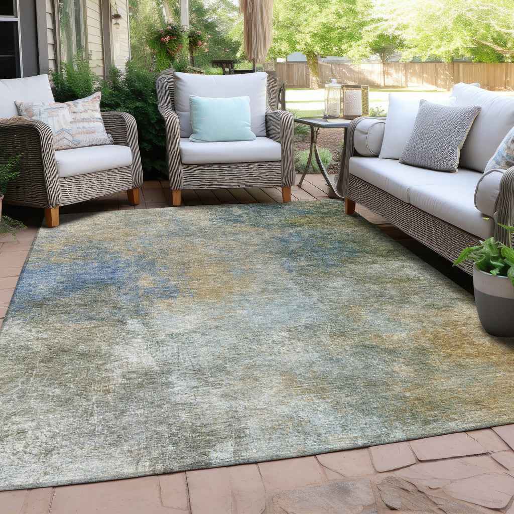 3' X 5' Khaki And Navy Blue Abstract Washable Indoor Outdoor Area Rug