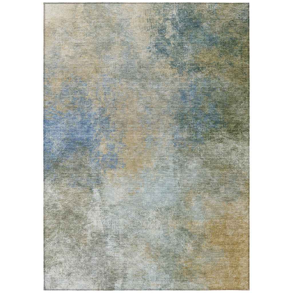 3' X 5' Khaki And Navy Blue Abstract Washable Indoor Outdoor Area Rug