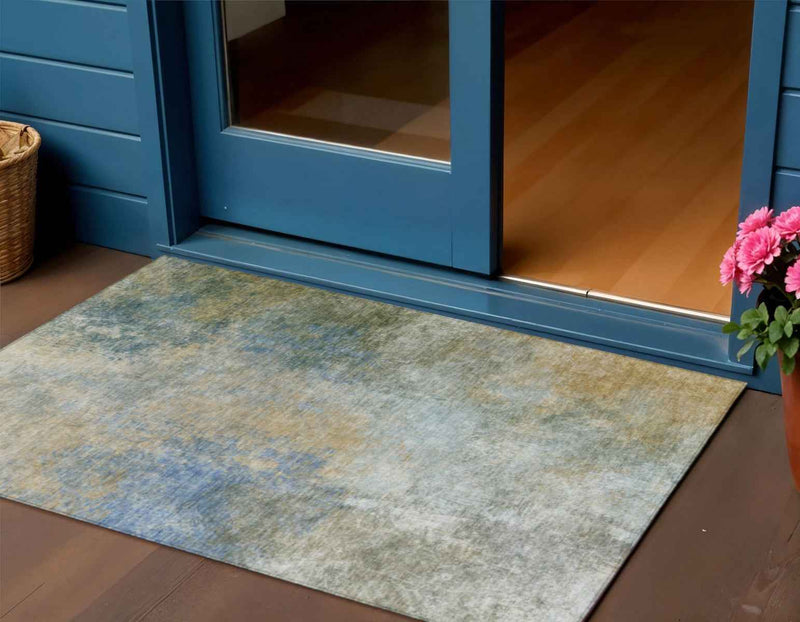 3' X 5' Khaki And Navy Blue Abstract Washable Indoor Outdoor Area Rug