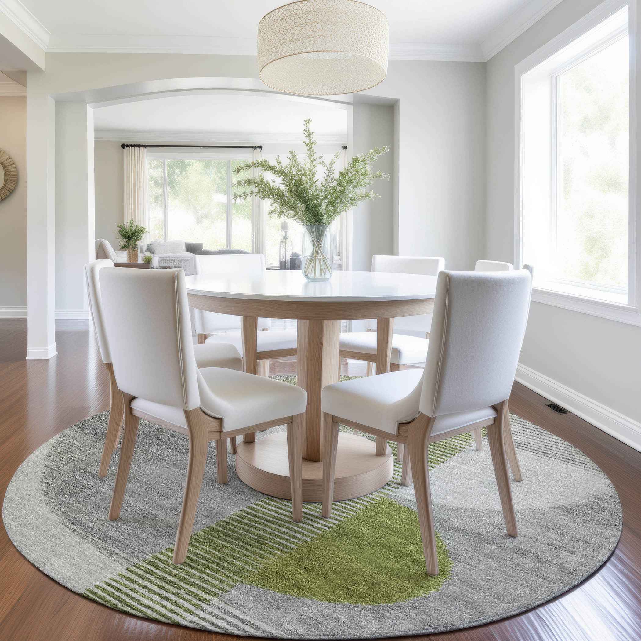 8' Olive Green And Gray Round Geometric Washable Indoor Outdoor Area Rug