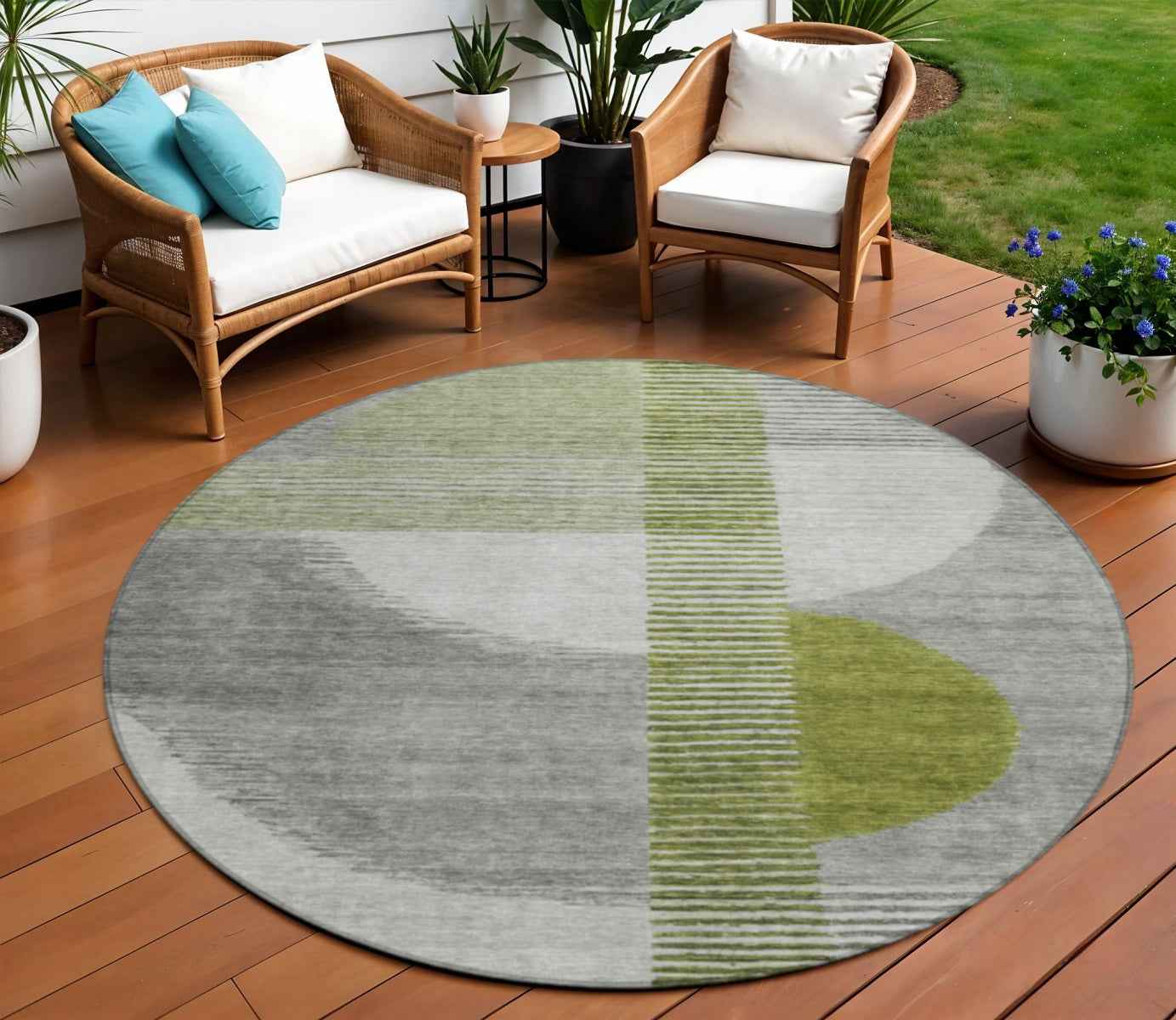 8' Olive Green And Gray Round Geometric Washable Indoor Outdoor Area Rug