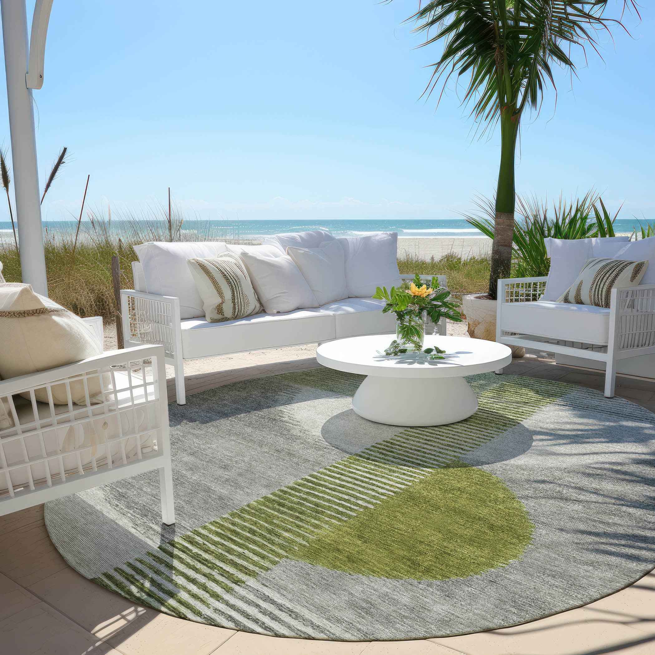 8' Olive Green And Gray Round Geometric Washable Indoor Outdoor Area Rug