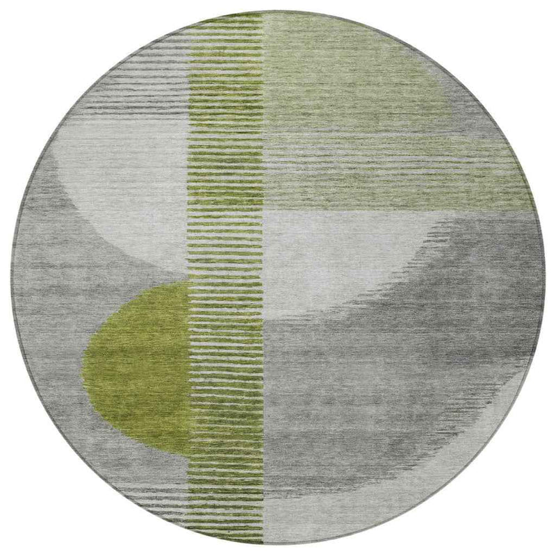 8' Olive Green And Gray Round Geometric Washable Indoor Outdoor Area Rug