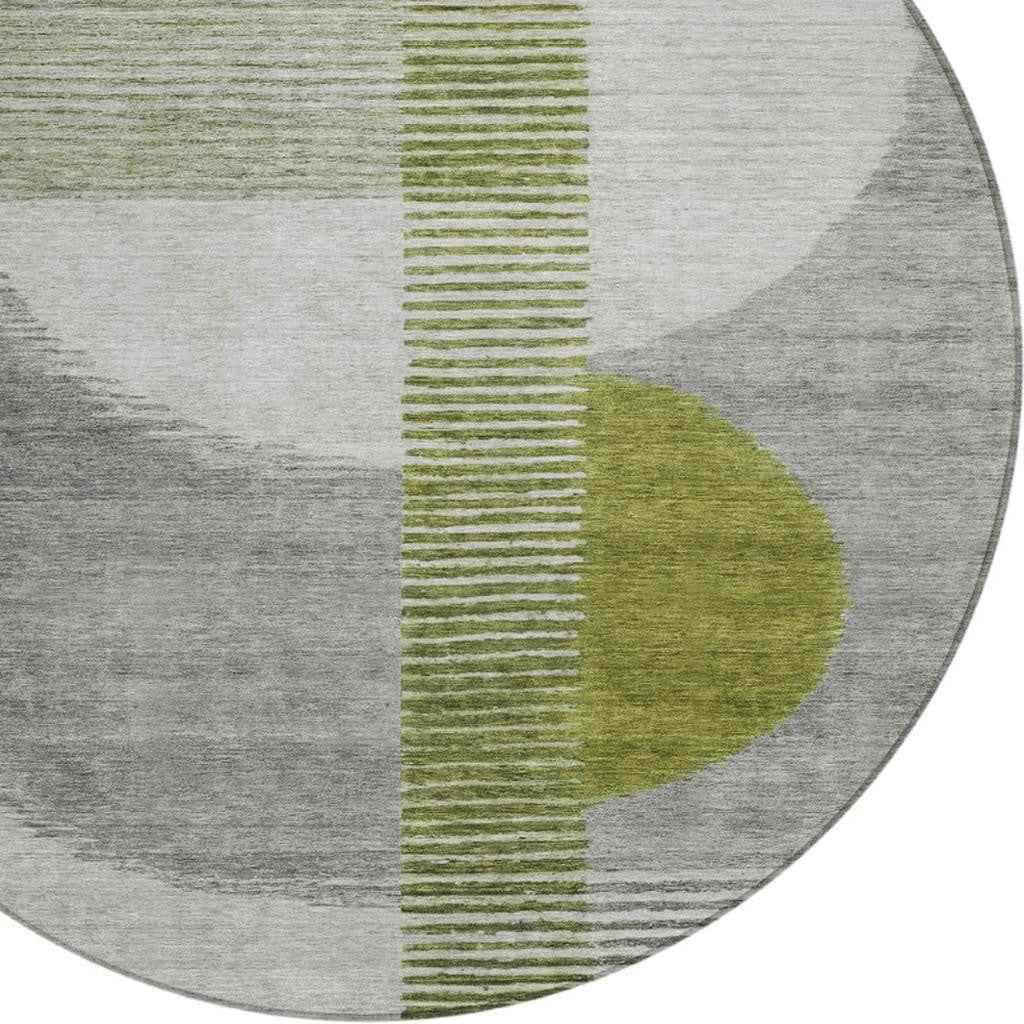 8' Olive Green And Gray Round Geometric Washable Indoor Outdoor Area Rug