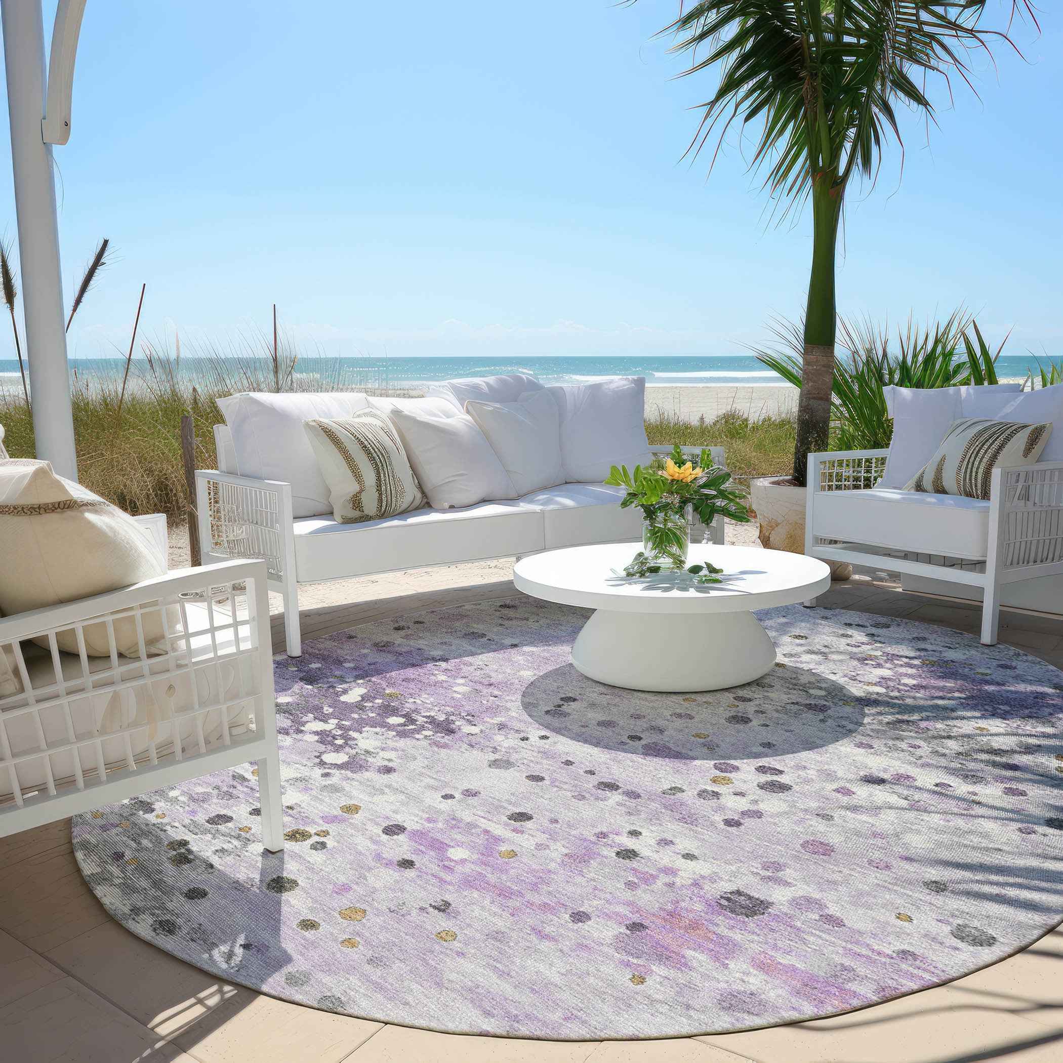 8' Lavender And Ivory Round Abstract Washable Indoor Outdoor Area Rug